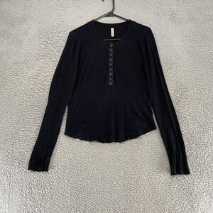 Free People Henley Top Womens XL Black‎ Waffle Knit Top Stretch Long Sleeve